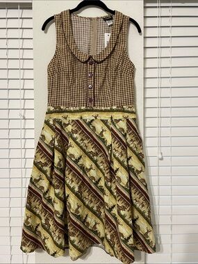 Retrolicious Elizabeth Dress Woodland Sunset Houndstooth Deer Size L NWT